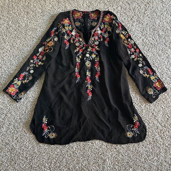 Johnny Was Womens Large Autumn Bloom Black Embroidered Floral Tunic Top - Picture 14 of 15